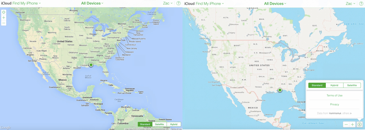 Find My iPhone uygulamasından; Google Harita servisi (Sol), Apple Harita Servisi (Sağ)